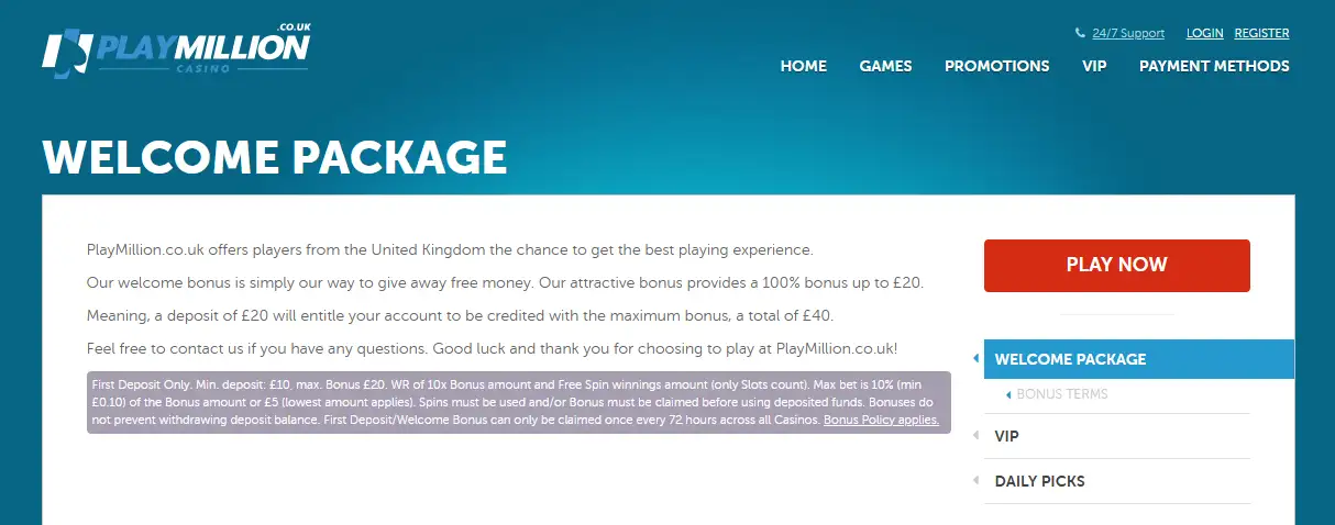 Current PlayMillion UK welcome offer page