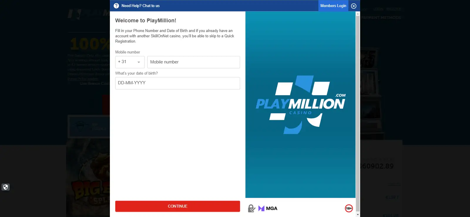 Current PlayMillion UK registration screen