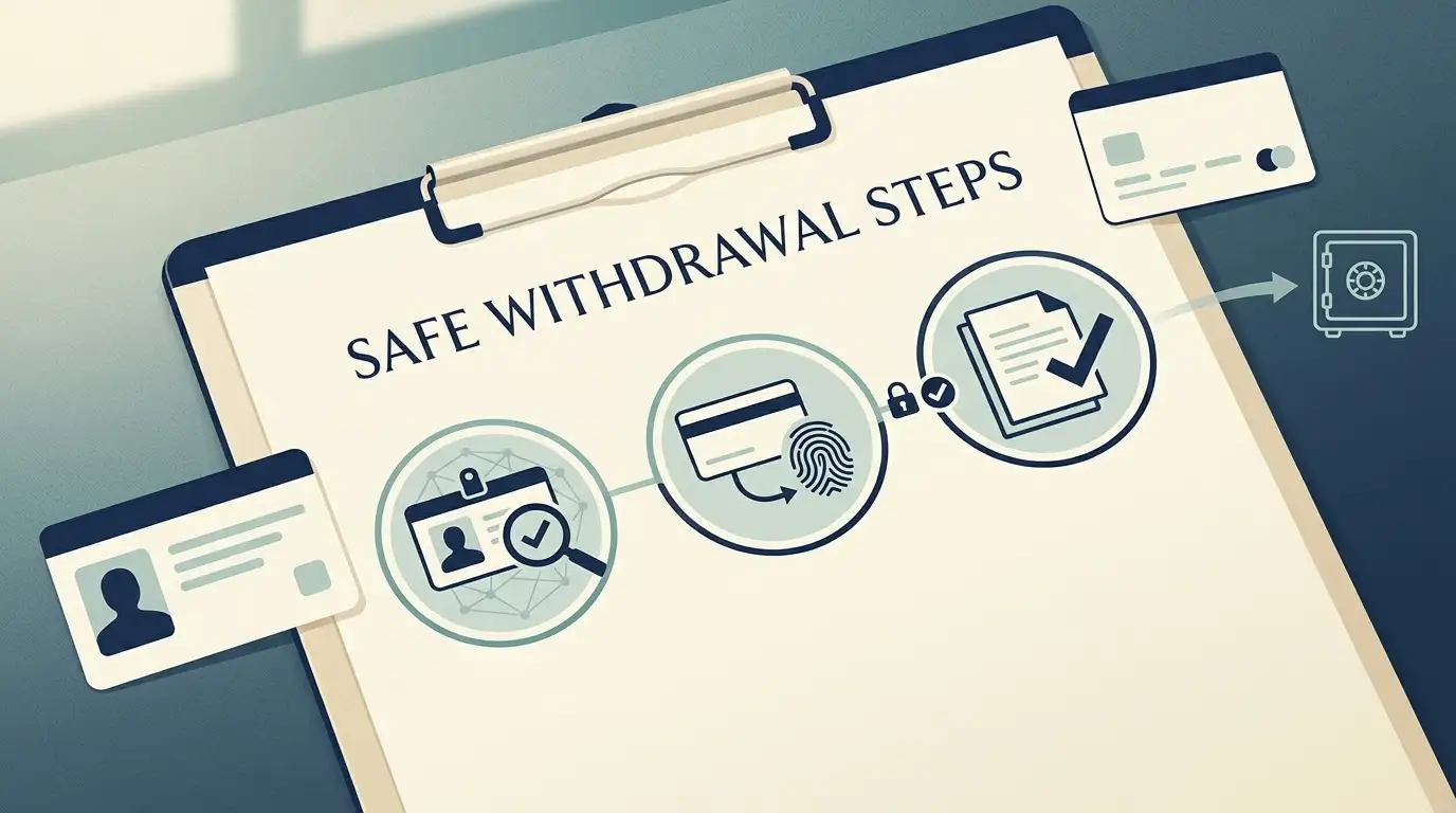 Editorial withdrawal checklist showing verification, payment route and bonus condition checks