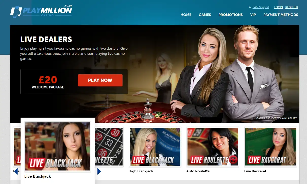 PlayMillion live dealer lobby with current live table tiles visible