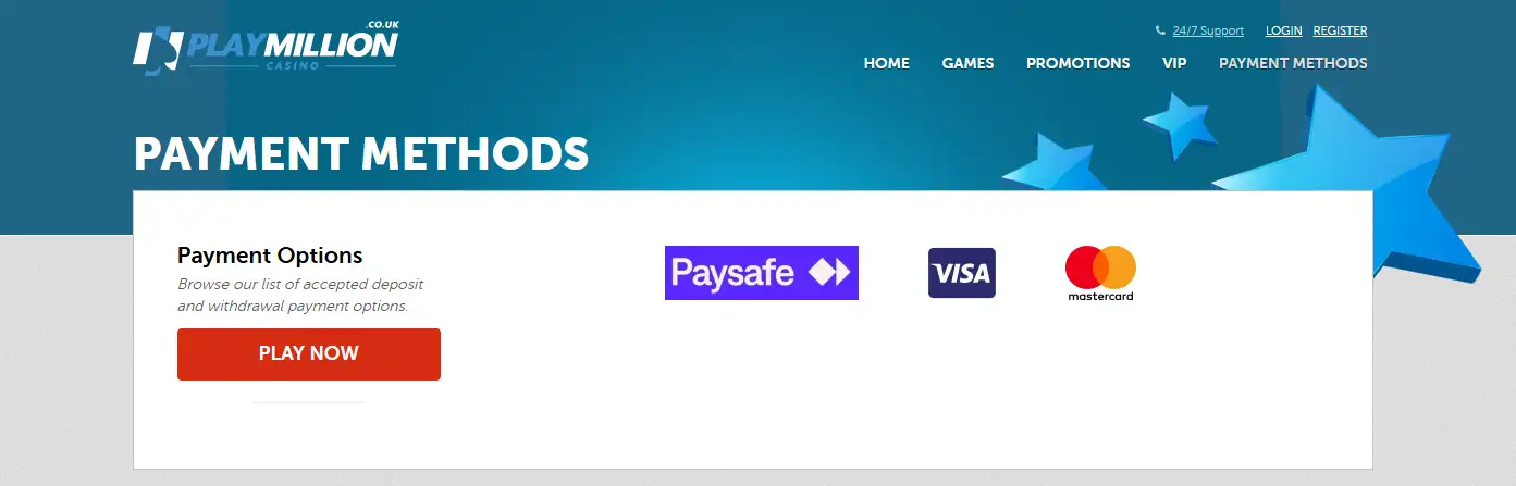 Current PlayMillion payment methods page or cashier interface showing available UK options