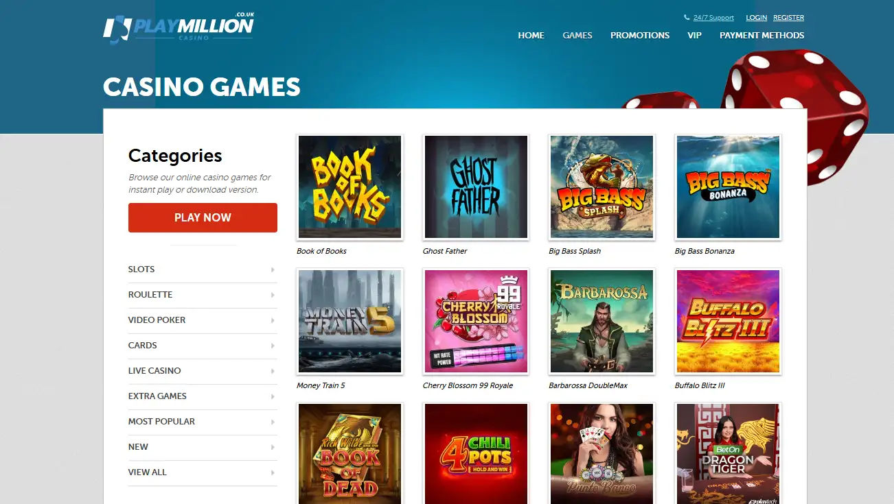 PlayMillion UK casino games lobby and category navigation